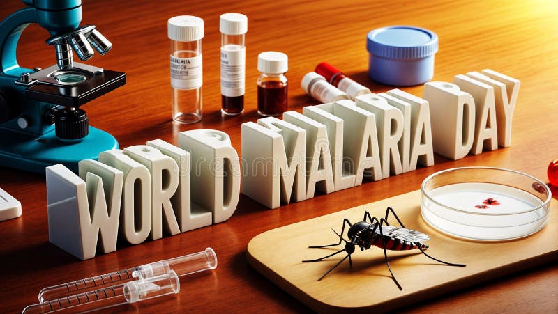Wissenschaftliche Ausrüstung und Laborgegenstände mit 3D-Textwort WORLD MALARIA DAY lizenzfreie abbildung