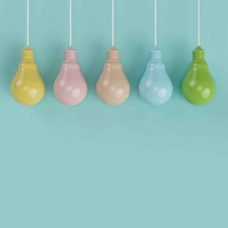 Hanging colorful pantone pastel light bulbs different idea on light blue background , Minimal concept idea , flat lay , top. Hanging colorful pantone pastel light bulbs different idea on light blue background , Minimal concept idea , flat lay , top