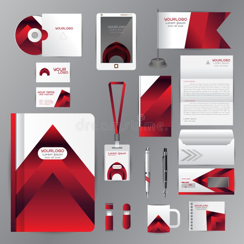Wit identiteitsmalplaatje met rode origamielementen De vectorbedrijfstijl voor brandbookrichtlijn en CDs van Pennenmokken boekt z royalty-vrije illustratie Wit identiteitsmalplaatje met rode origamielementen De vectorbedrijfstijl voor brandbookrichtlijn en CDs van Pennenmokken boekt z royalty-vrije illustratie
