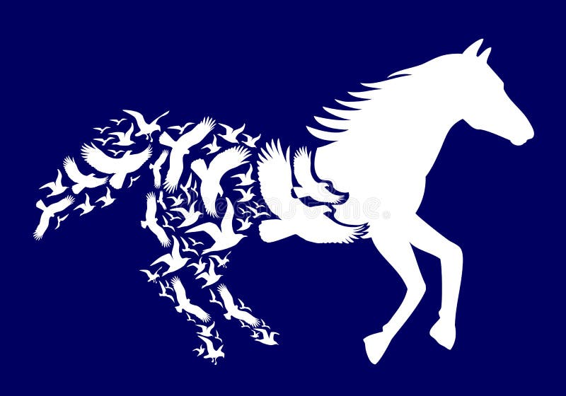 Wit paard met vliegende vogels, vector vector illustratie Wit paard met vliegende vogels, vector vector illustratie