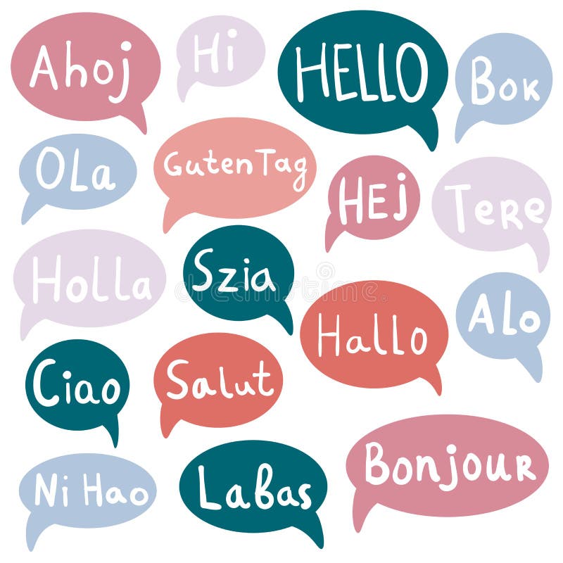 Words Hello, Hi with speech bubbles on different languages. Hand drawn text isolated on white background.  Vector illustration. Words Hello, Hi with speech bubbles on different languages. Hand drawn text isolated on white background.  Vector illustration