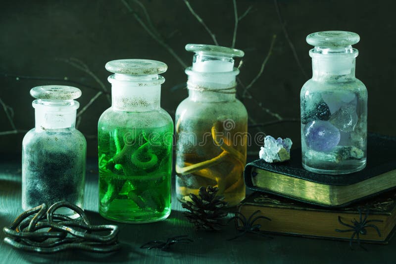 Witch Apothecary Jars Magic Potions Halloween Decoration Stock Photo