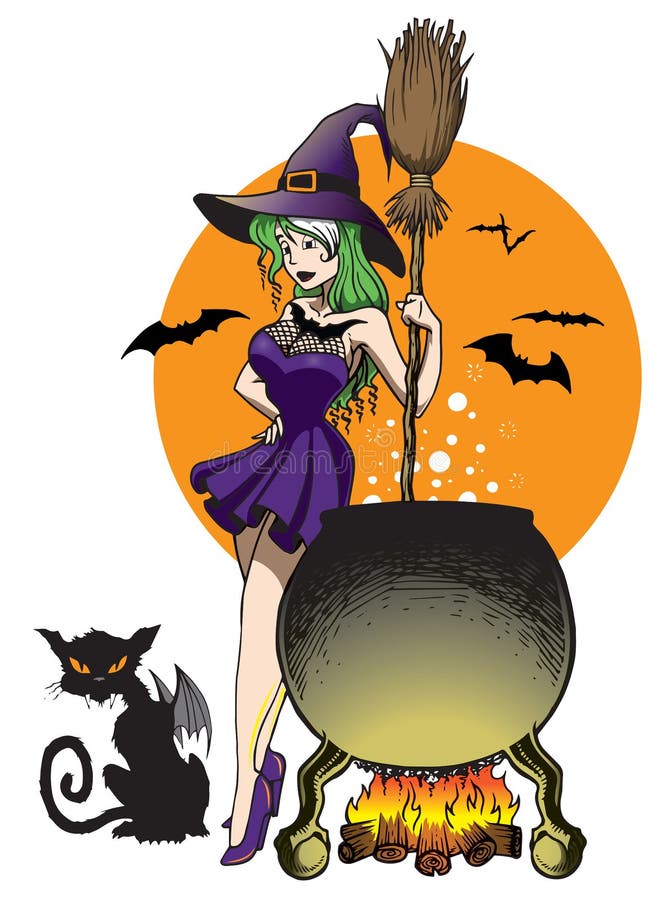 Witch WITCHES BREW CAULDRON & WITCH BROOMSTICK Halloween 