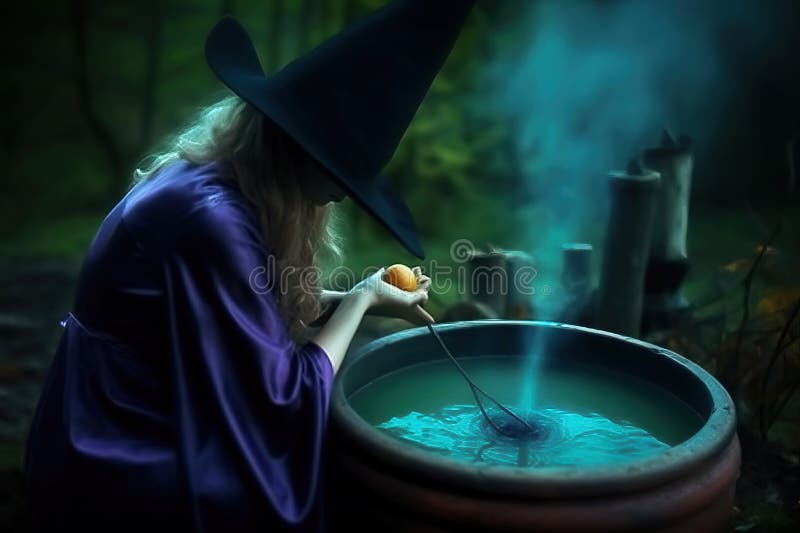 Witch Brewing Potion in a Cauldron among the Forest Generative AI