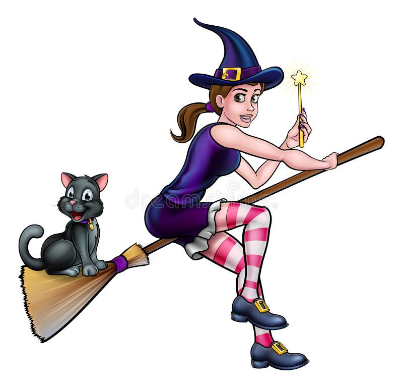 Witch and Cat on Broomstick with Magic Wand stock illustration Witch and Cat on Broomstick with Magic Wand stock illustration