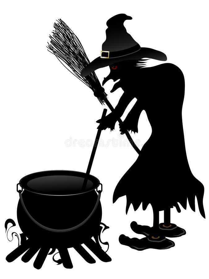 Witch cooks in her cauldron stock illustration.