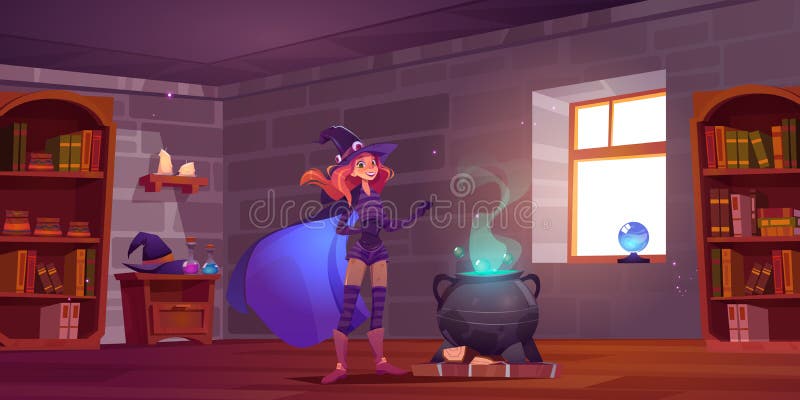 Witch cooking potion in magic school, enchantress