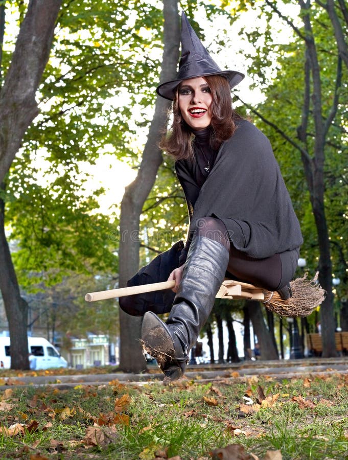 Witch Fly On Broomstick Outdoor. Royalty Free Stock Photos Image