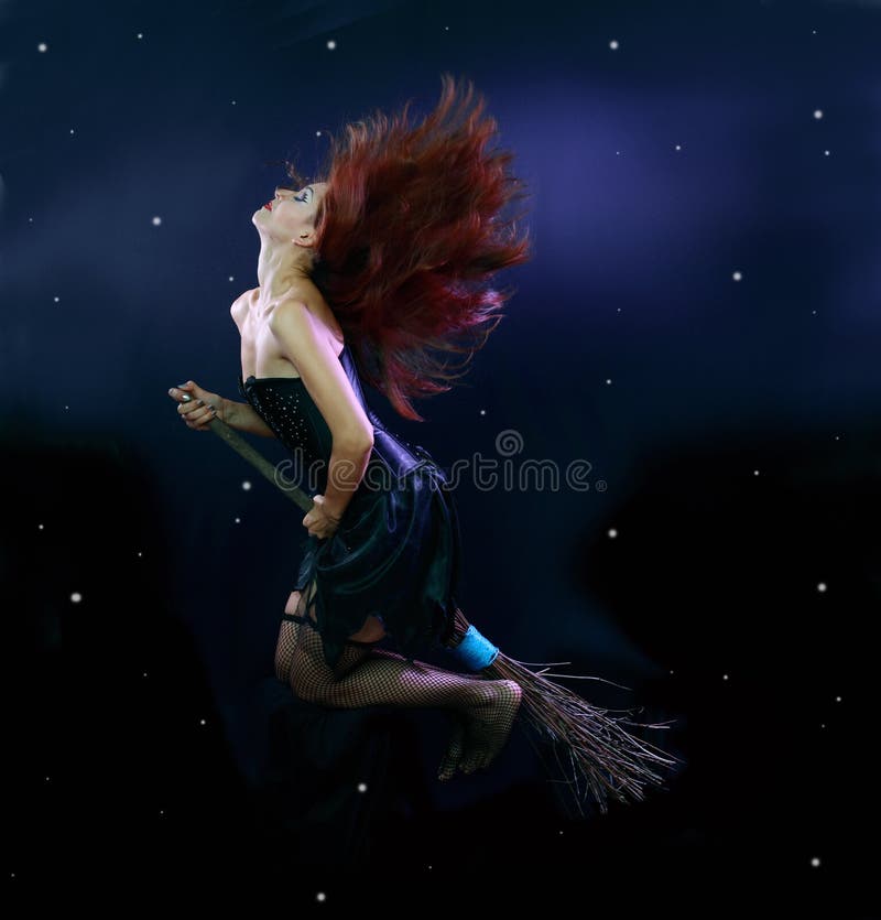 Witch flying on broom stock image. Image of mystical 27483603