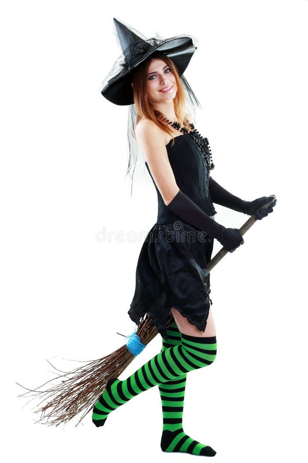 Halloween Witch Flying on Broomstick Stock Image - Image of levitation ...
