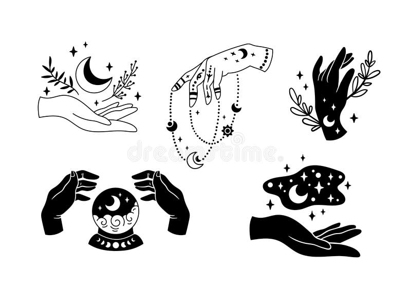 Hands clipart, magic mystic hand gestures icons symbols, Esoteric  witchcraft women hand, Black white line art outline hands PNG download