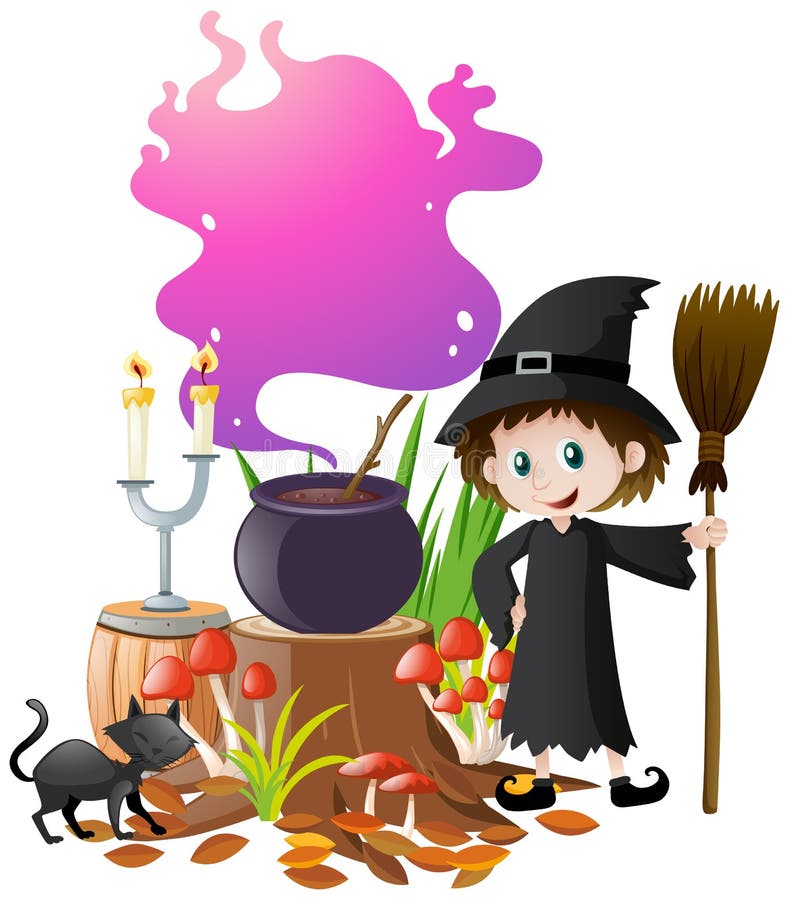 Witch and magic brew in pot.