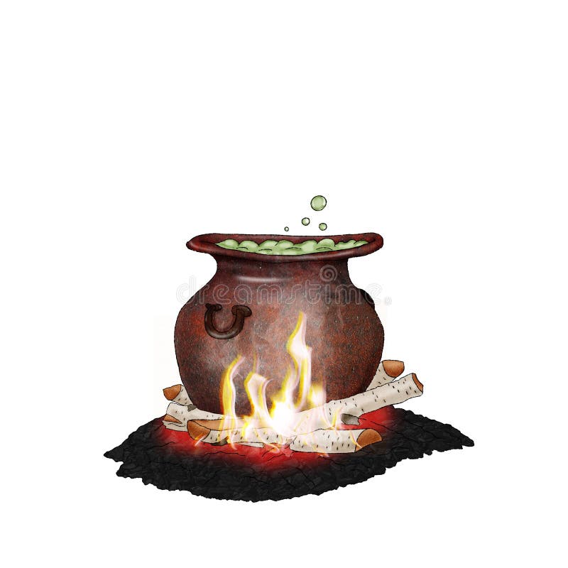 A Witch`s Cauldron Boiling Over a Fire. Illustration for Halloween