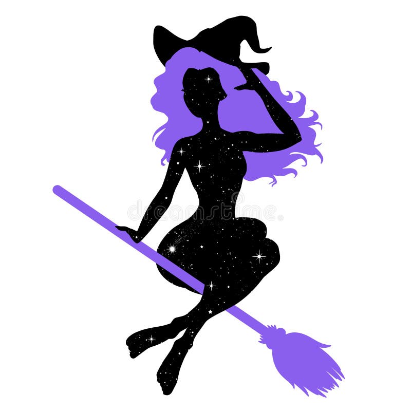 Witch silhouette riding the broom, sexy woman, vector illustration.