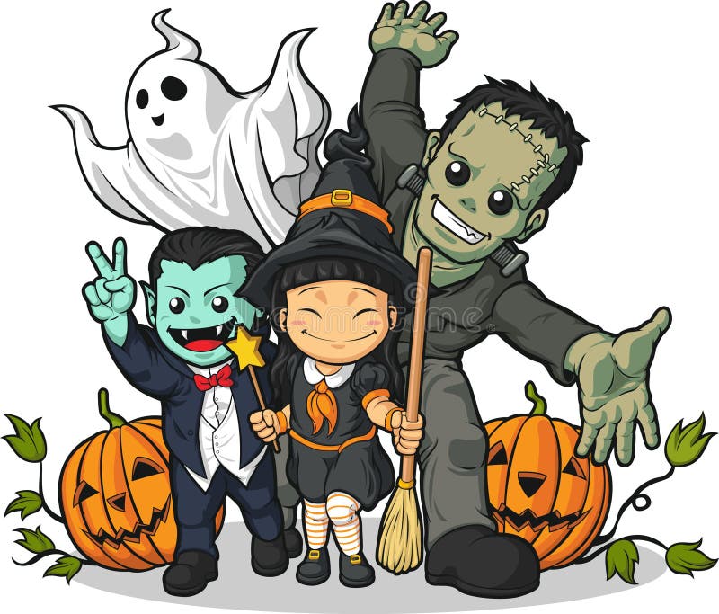 Witch, Vampire, Frankenstein, Ghost & Pumpkin