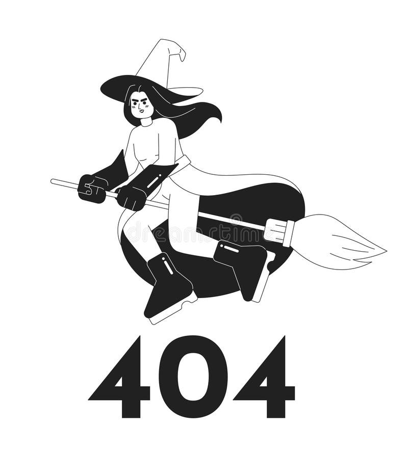 Witchcraft black white error 404 flash message. Evil witch flying on broomstick royalty free illustration