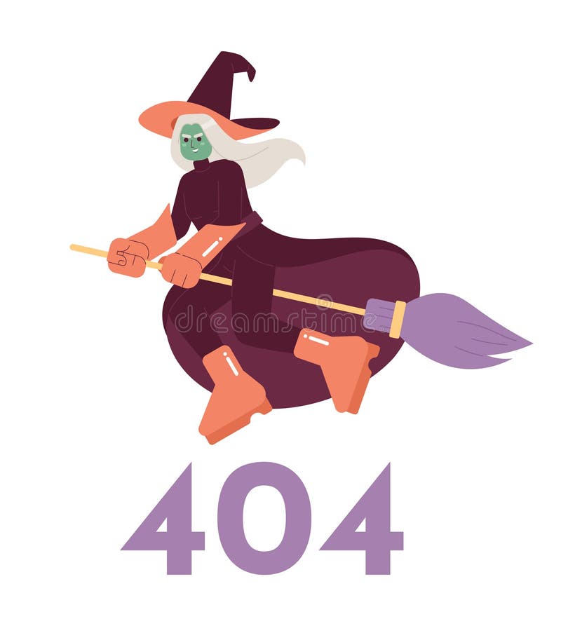 Witchcraft error 404 flash message. Evil witch flying on broomstick stock illustration