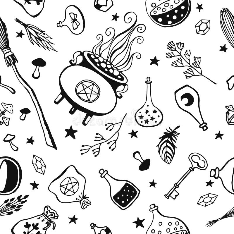Premium Vector  Witchcraft magic background for witches and wizards vector  vintage collection hand drawn magic tools concept of witchcraft drawn magic  tools book candles potions cauldron cat hat balloon mandrake