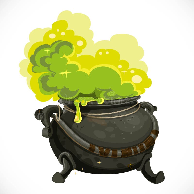 Witches cauldron with green potion and steam isolated.