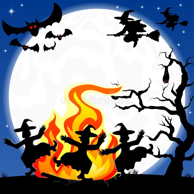 Witches dancing around fire at halloween.