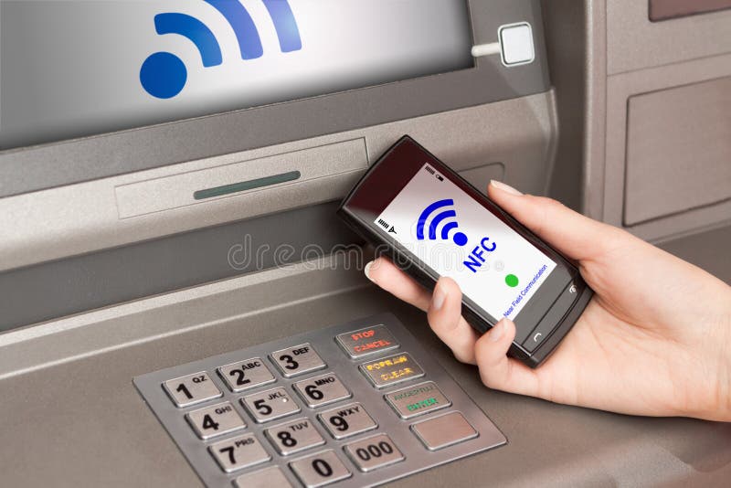 Withdrawing Money Atm with Mobile Phone a NFC Terminal Editorial Stock