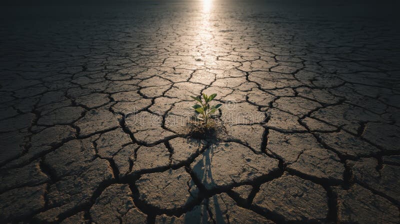 Resilient Plant Thriving in Cracked Lake Environment stock image