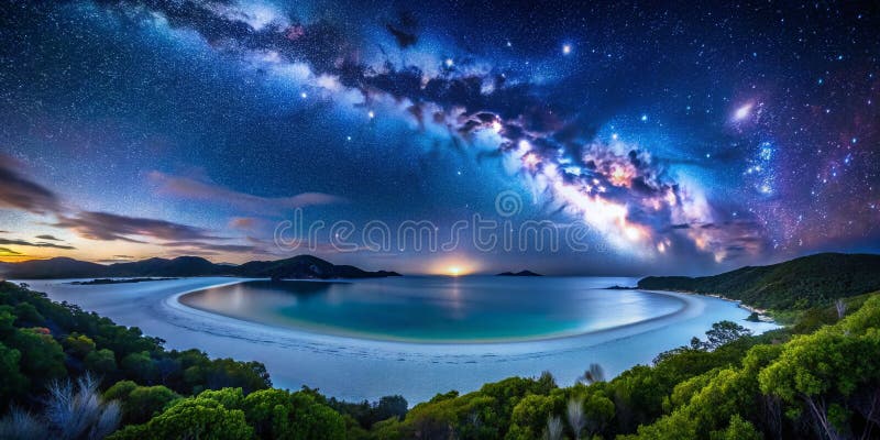 Witness The Celestial Spectacle A Night Time Symphony at Whitehaven Beach WhitSunday Islands Australia Starry Sky and ilustracji