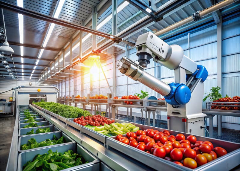 Revolutionizing Fresh Produce Handling Robotic Arms Automate Sorting in Sunny Fields stock illustration