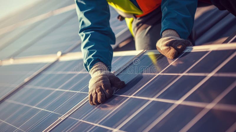 A solar power engineer meticulously installs solar panels stock illustration