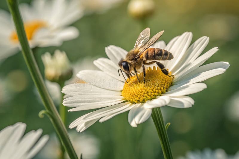 A Tiny Bees Springtime Dance on a Delicate Daisy A Closeup Macro Photography Exploration of Natures Beauty vector illustration