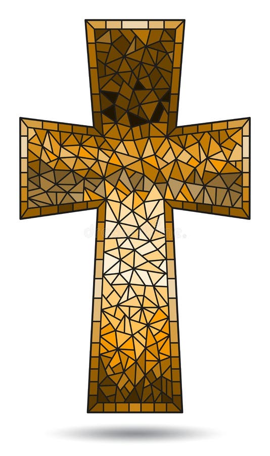 The illustration in stained glass style painting on religious themes, stained glass window in the shape of a brown Christian cross , isolated on white background. The illustration in stained glass style painting on religious themes, stained glass window in the shape of a brown Christian cross , isolated on white background