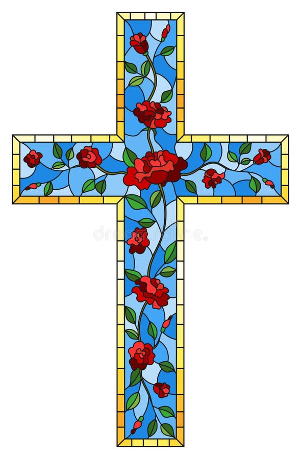 The illustration in stained glass style painting on religious themes, stained glass window in the shape of a Christian cross decorated with red roses isolated on white background. The illustration in stained glass style painting on religious themes, stained glass window in the shape of a Christian cross decorated with red roses isolated on white background