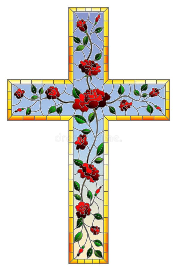 The illustration in stained glass style painting on religious themes, stained glass window in the shape of a Christian cross decorated with red roses isolated on white background. The illustration in stained glass style painting on religious themes, stained glass window in the shape of a Christian cross decorated with red roses isolated on white background