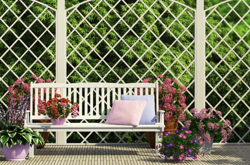 Witte bank in de tuin royalty-vrije stock fotografie Witte bank in de tuin royalty-vrije stock fotografie