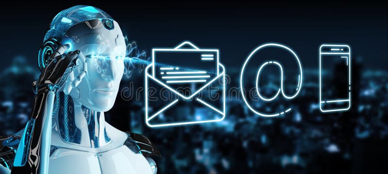 Witte cyborg die het dunne pictogram van het lijncontact gebruiken royalty-vrije illustratie Witte cyborg die het dunne pictogram van het lijncontact gebruiken royalty-vrije illustratie