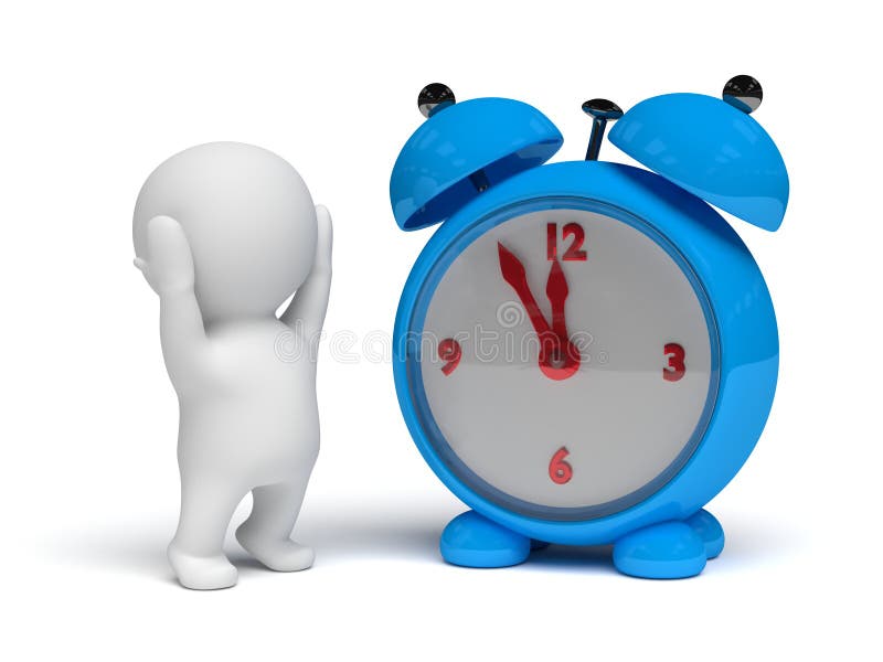 Witte 3d persoon die een grote blauwe die wekker 3D illustratie bekijken op een wit karakter als achtergrond, kerel, mens wordt g vector illustratie Witte 3d persoon die een grote blauwe die wekker 3D illustratie bekijken op een wit karakter als achtergrond, kerel, mens wordt g vector illustratie