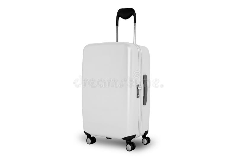 White Large travel polycarbonate suitcase mockup isolated on white background. 3d rendering. White Large travel polycarbonate suitcase mockup isolated on white background. 3d rendering.