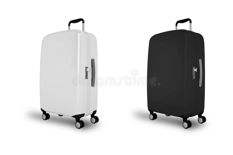 White Large black and white travel polycarbonate suitcase mockup isolated on white background. 3d rendering. White Large black and white travel polycarbonate suitcase mockup isolated on white background. 3d rendering.
