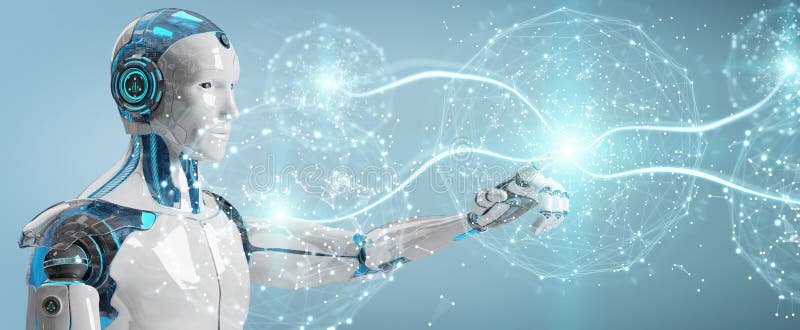 Witte mannelijke humanoid gebruikend het digitale globale netwerk 3D teruggeven vector illustratie Witte mannelijke humanoid gebruikend het digitale globale netwerk 3D teruggeven vector illustratie