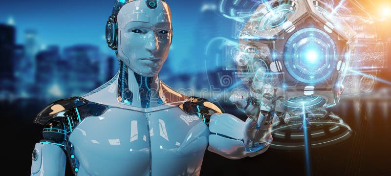 Witte mensenhumanoid gebruikend de camera van de hommelveiligheid het 3D teruggeven vector illustratie Witte mensenhumanoid gebruikend de camera van de hommelveiligheid het 3D teruggeven vector illustratie