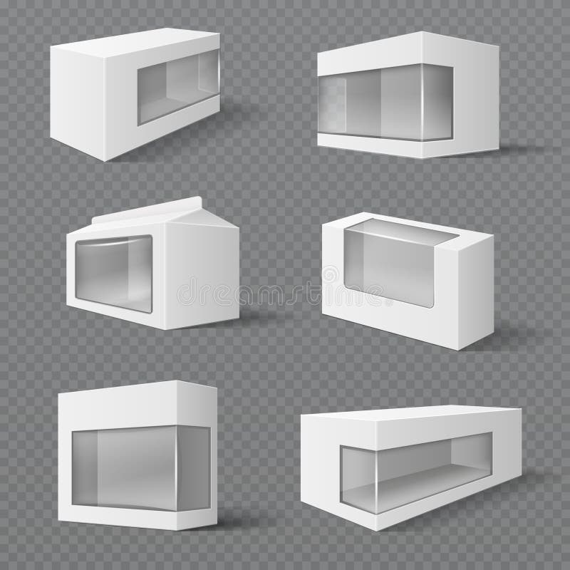 Witte product verpakkende dozen Giftpakketten met transparant venster Vectormodellen stock illustratie Witte product verpakkende dozen Giftpakketten met transparant venster Vectormodellen stock illustratie