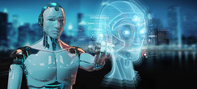 Witte robot die het digitale kunstmatige intelligentie hoofdinterface 3D teruggeven gebruiken stock illustratie Witte robot die het digitale kunstmatige intelligentie hoofdinterface 3D teruggeven gebruiken stock illustratie
