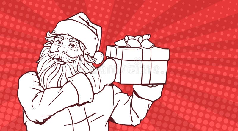 Witte Schets van Santa Claus Hold Gift Box Over Pop Art Comic Background Merry Christmas en het Gelukkige Ontwerp van de Nieuwjaa vector illustratie Witte Schets van Santa Claus Hold Gift Box Over Pop Art Comic Background Merry Christmas en het Gelukkige Ontwerp van de Nieuwjaa vector illustratie