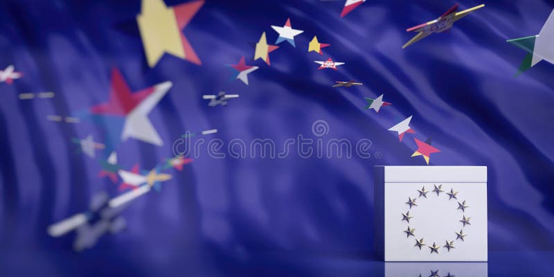 EU elections concept. White ballot box on European Union flag abstract background. 3d illustration. EU elections concept. White ballot box on European Union flag abstract background. 3d illustration