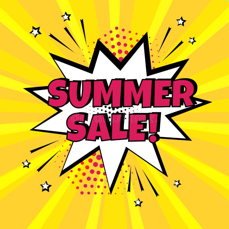 Witte toespraakbel met het woord van de de ZOMERverkoop op gele achtergrond Grappige geluidseffecten in pop-artstijl Vector illus stock illustratie Witte toespraakbel met het woord van de de ZOMERverkoop op gele achtergrond Grappige geluidseffecten in pop-artstijl Vector illus stock illustratie