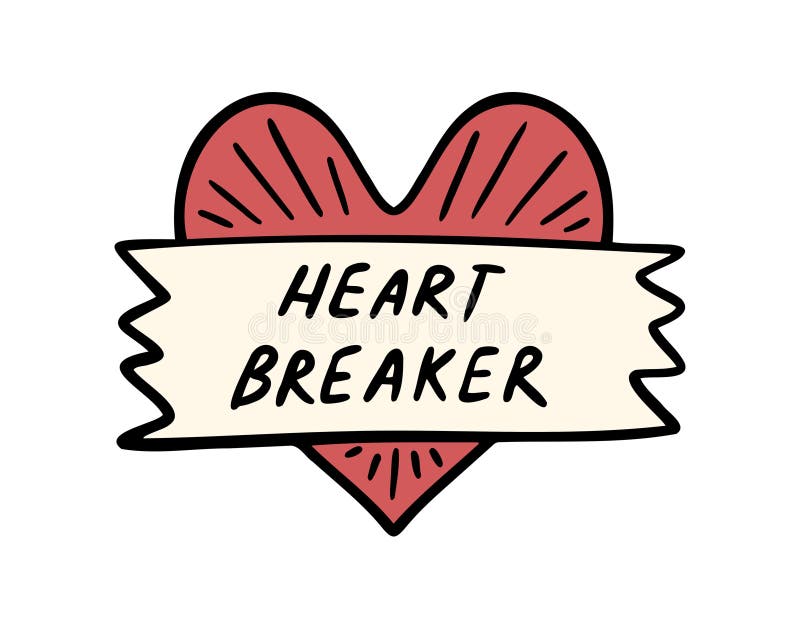 Witziger Retro-Puls-Breaker Text Vintage Herzemblem oder Aufkleber. Cartoon rosa gebrochenes Herz. Mädchenzeichen oder Patches stock abbildung