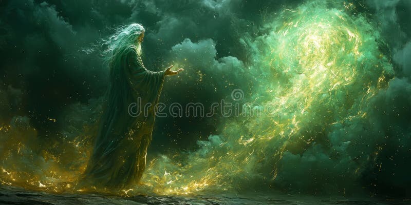 Wizard casting a spell with luminous swirling green smoke stock images