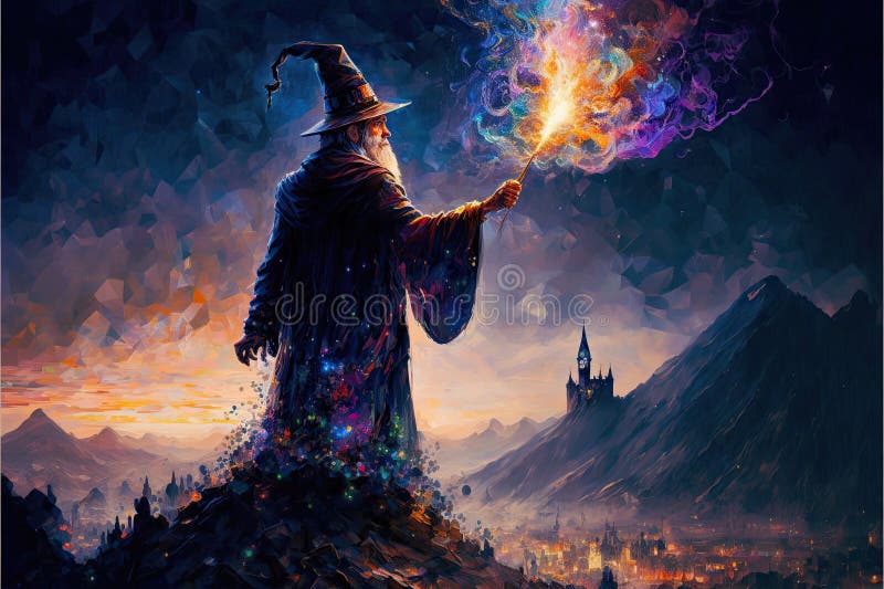 A wizard holding magic wand at the hill top in the dark night fantasy.