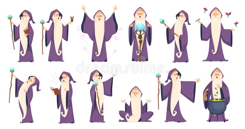 Wizard. Mysterious male magician in robe spelling oldster merlin vector cartoon characters