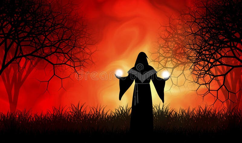 Wizard use his magic in horror creepy forest vector illustration